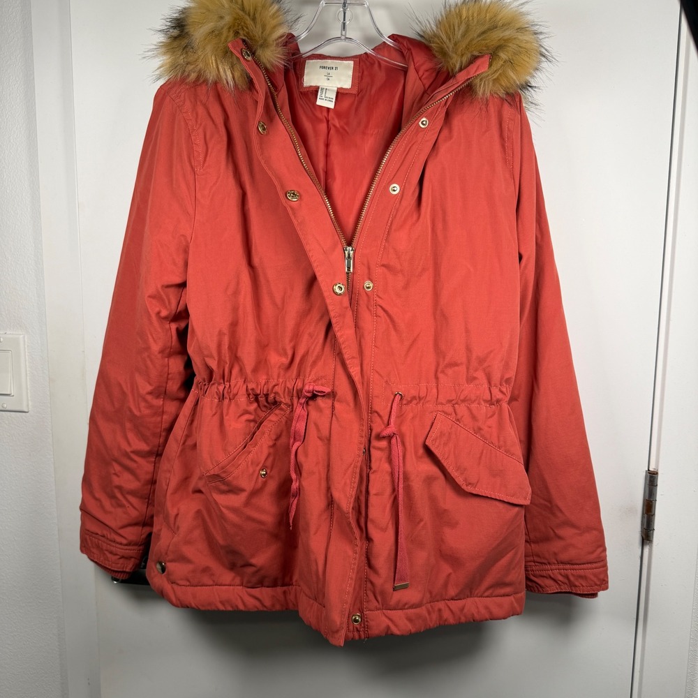 Forever 21 Womens Faux Fur Trim Hooded Parka Jacket Coral Orange Size Small